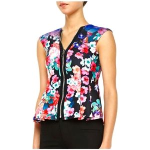 VTG NANETTE LEPORE Floral Print Peplum Zip-Up Vest, Size 4, Multicolored